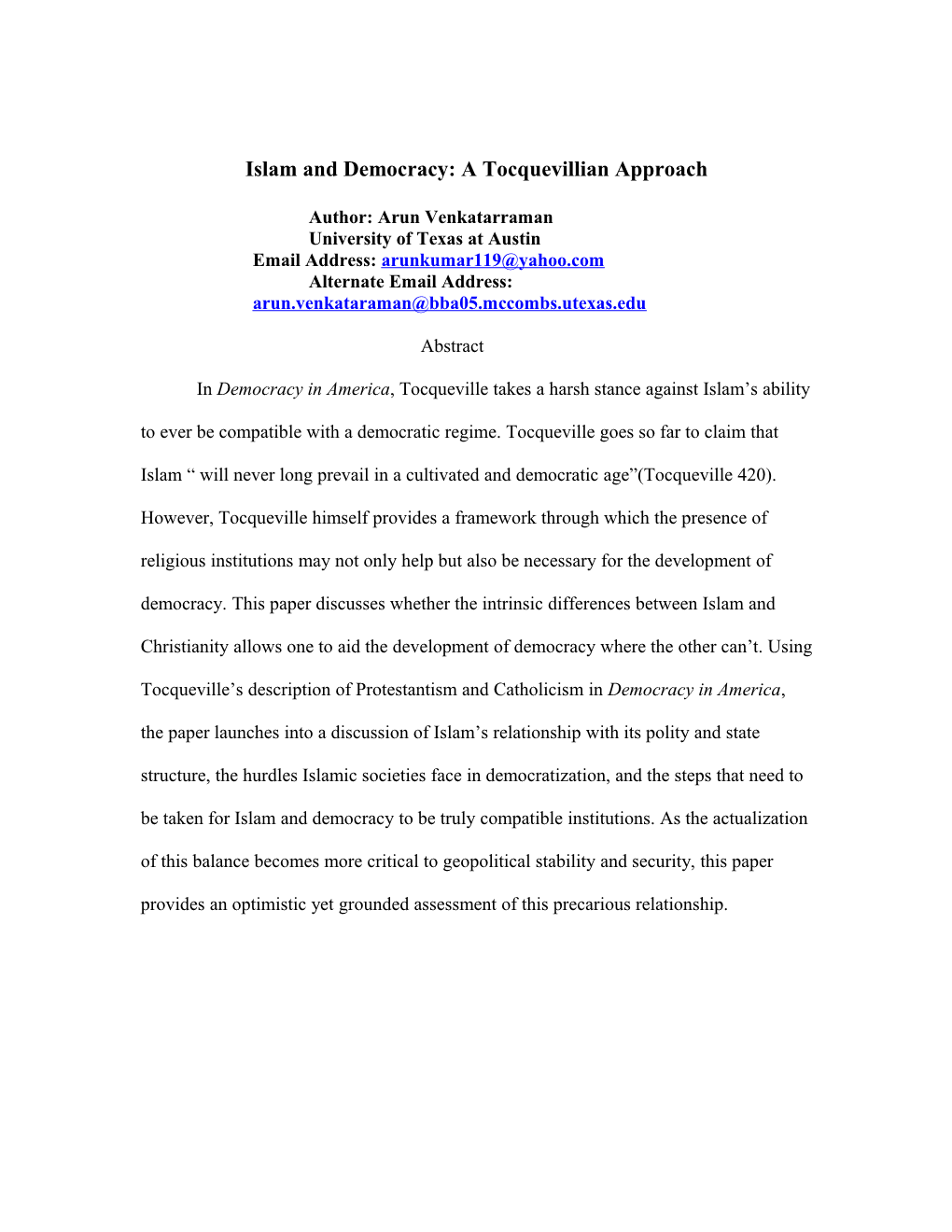 Islam and Democracy: a Tocquevillian Approach