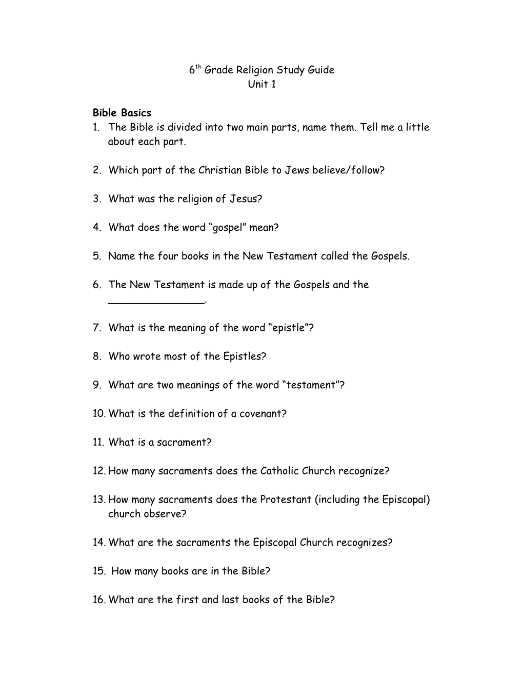 6Th Grade Religion Study Guide