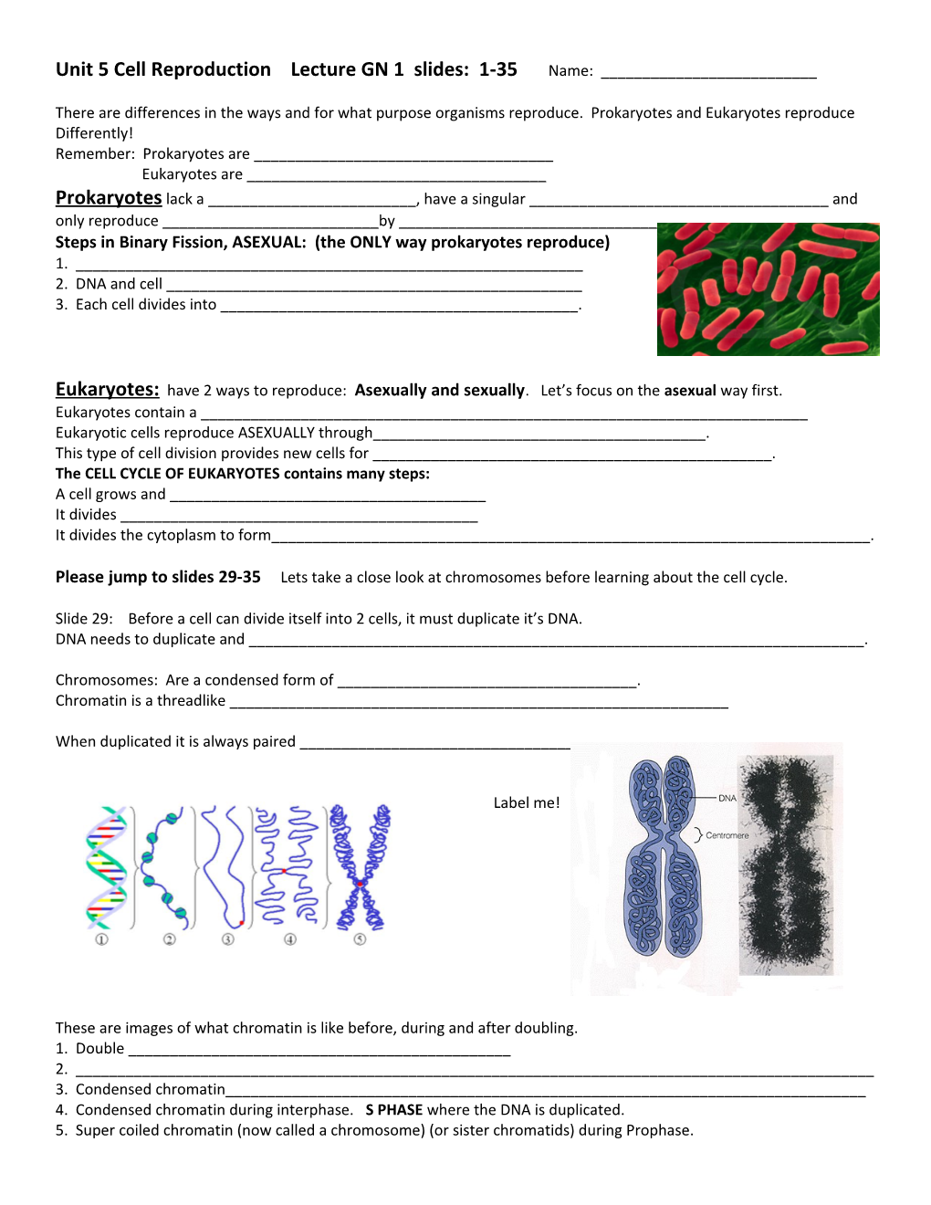 Unit 5 Cell Reproduction Lecture GN 1 Slides: 1-35 Name: ______