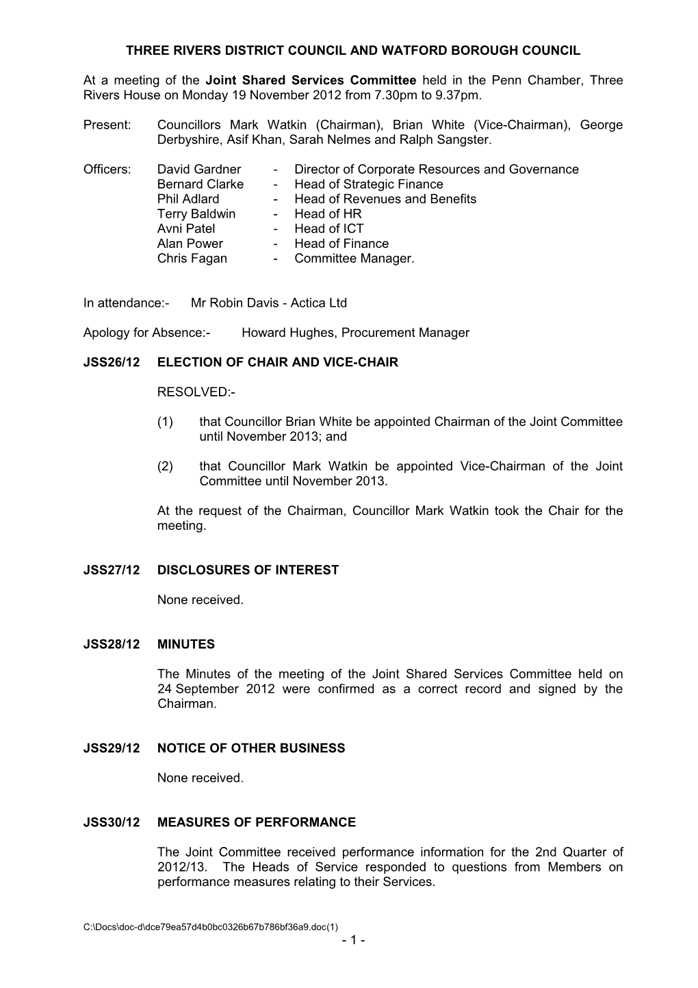 Minutes: Joint Shared Services Cttee 19.11.12