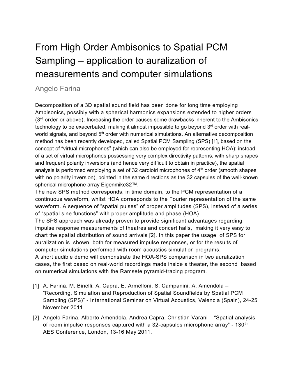 From High Order Ambisonics to Spatial PCM Sampling Application to Auralization of Measurements