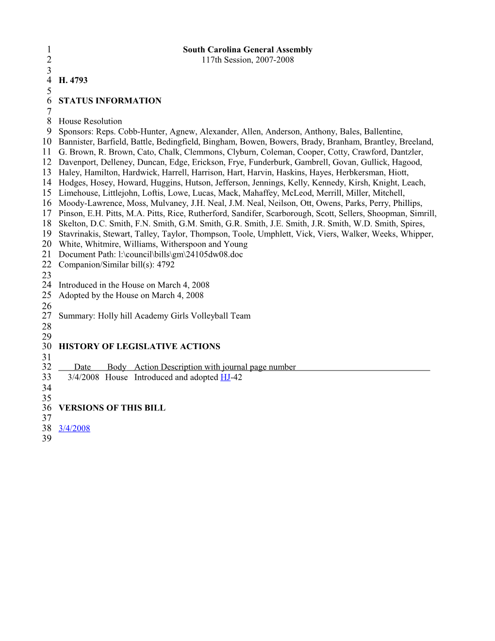 2007-2008 Bill 4793: Holly Hill Academy Girls Volleyball Team - South Carolina Legislature