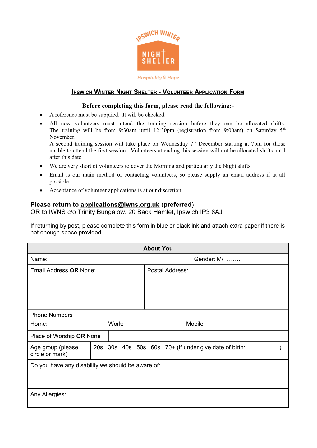 Ipswich Winter Night Shelter - Volunteer Application Form