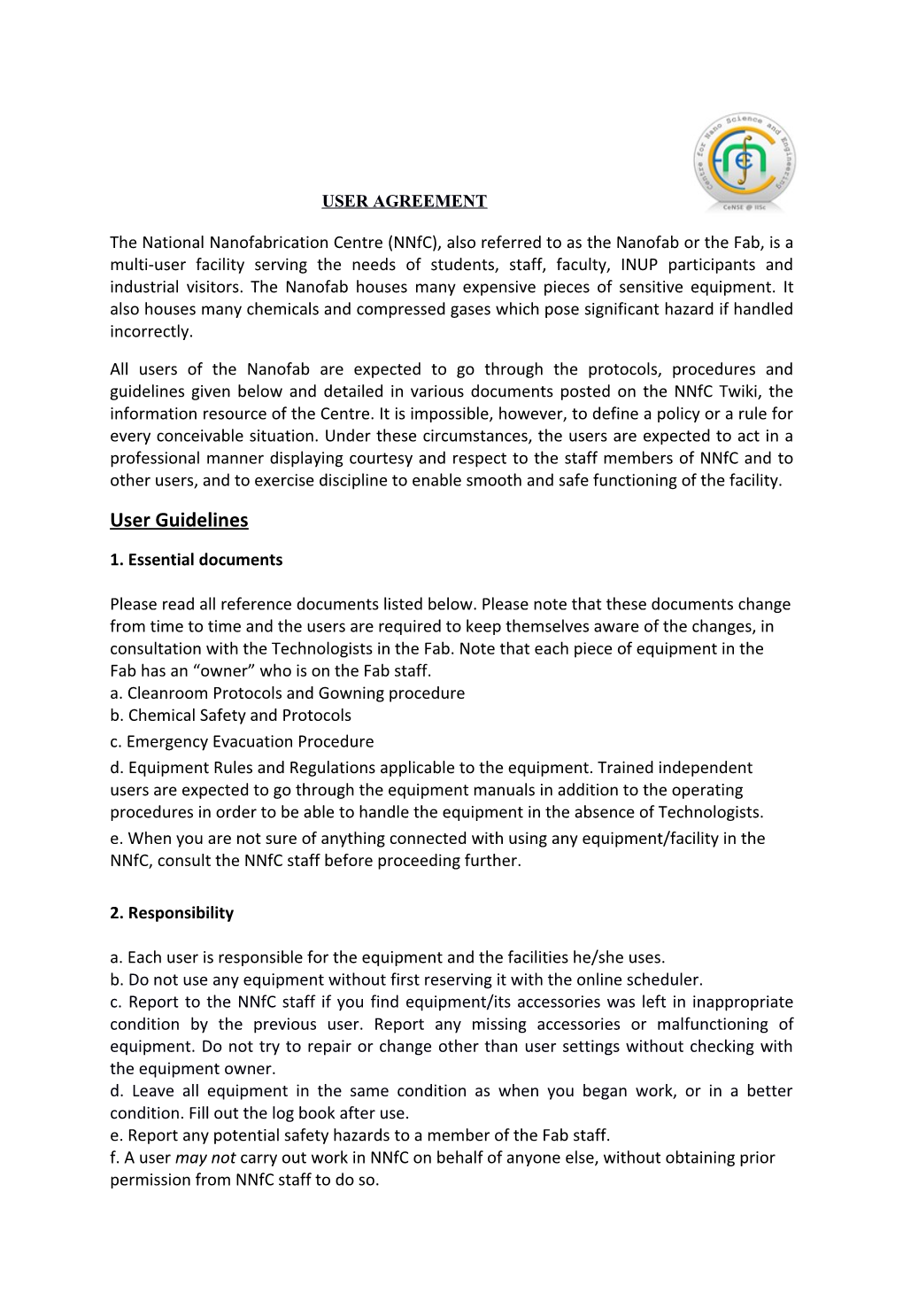 Lab Usage Policy Agreement MNCF Cense Iisc Ver1.0