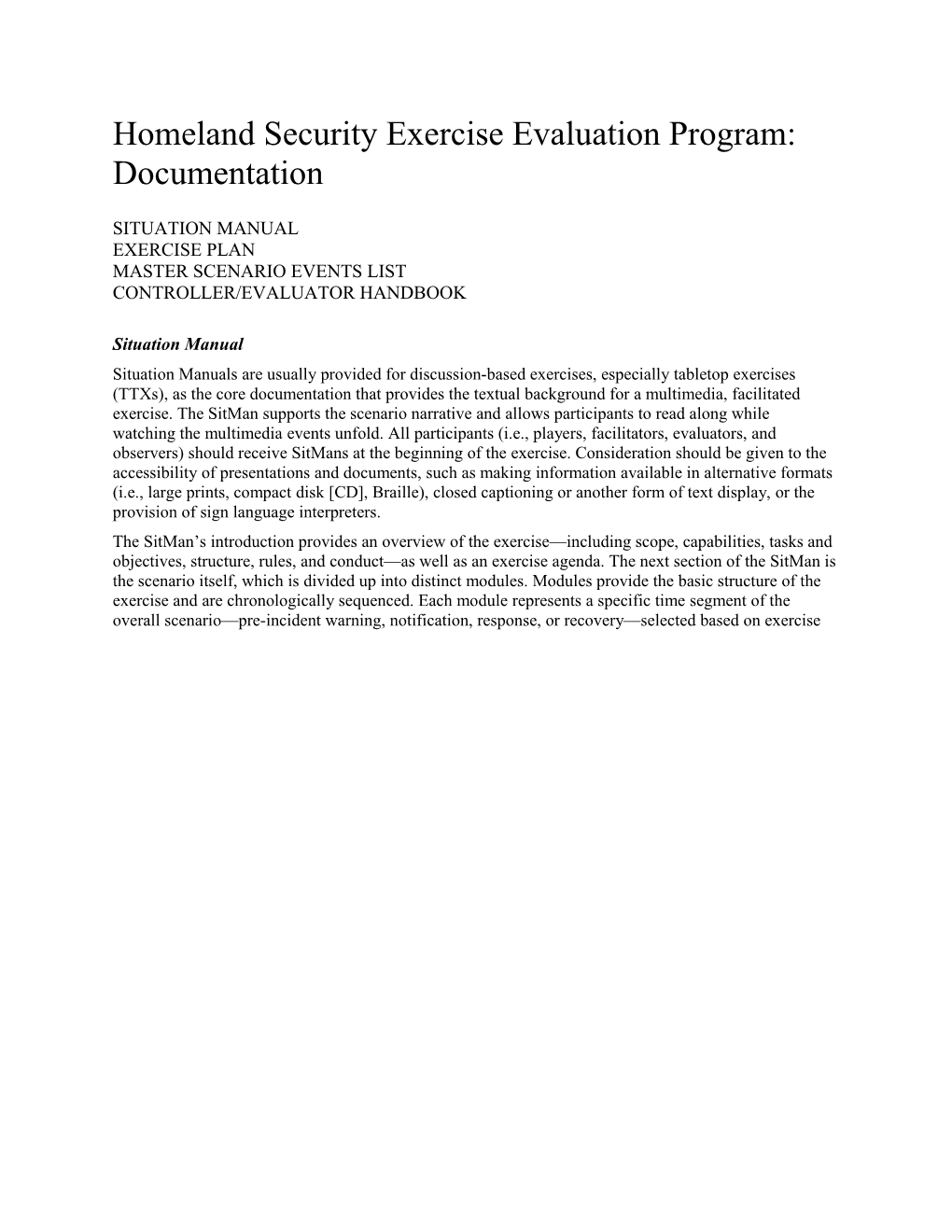 Homeland Security Exercise Evaluation Program: Documentation