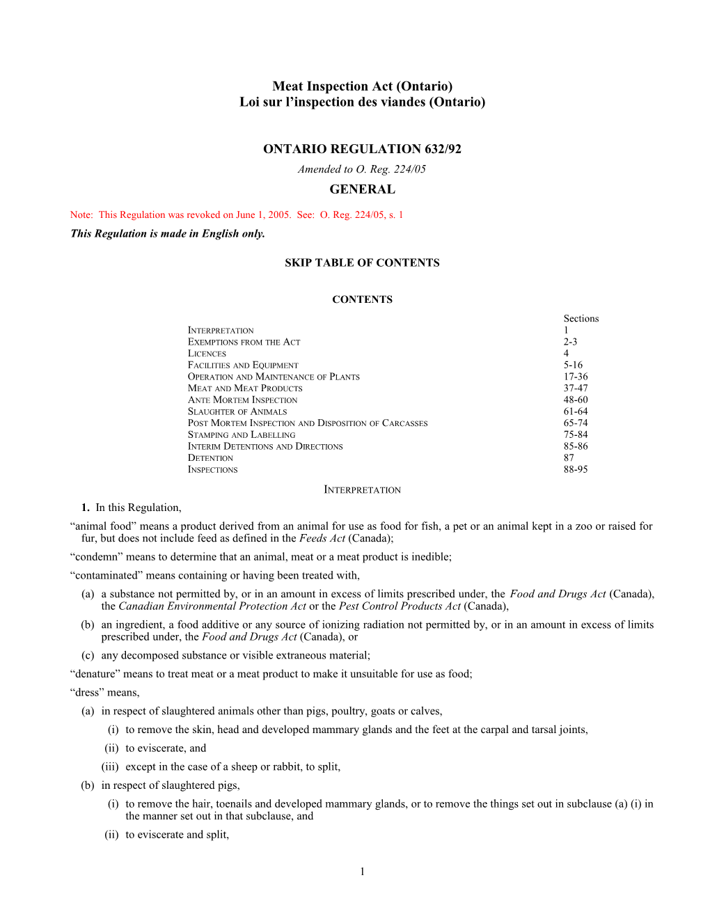 Meat Inspection Act (Ontario) - O. Reg. 632/92