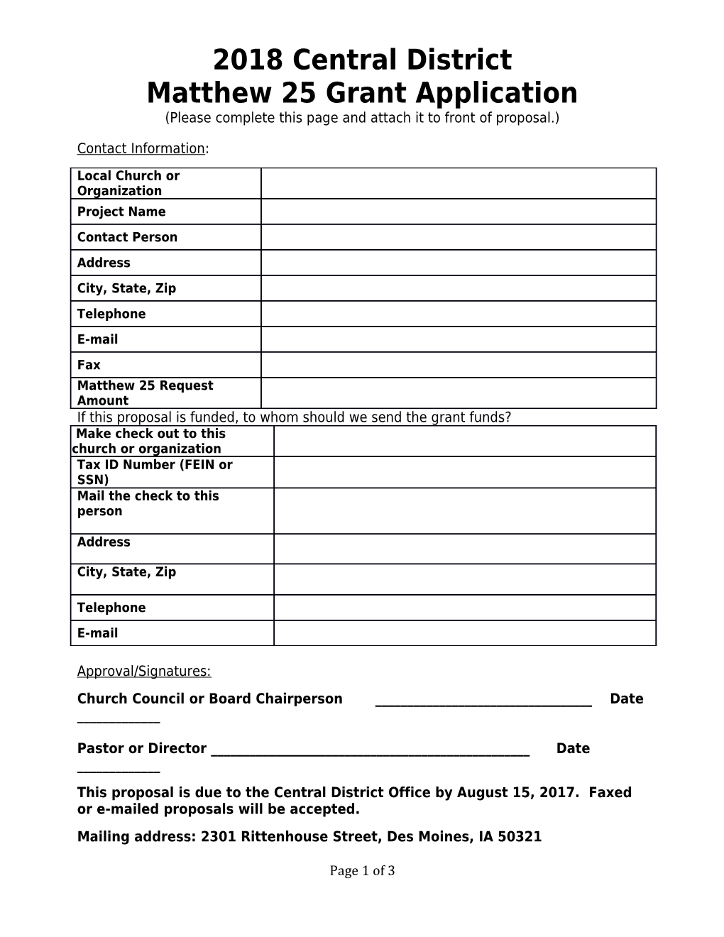 2018Central District Matthew 25 Grant Application