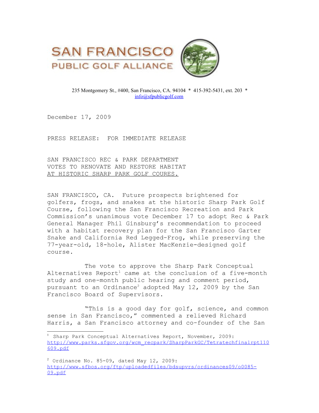 Press Release, Rec & Park Approves Spgolf, 12.17.09 (00002047)