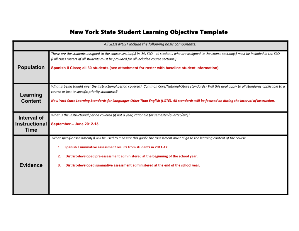 New York State Student Learning Objective Template - Spanish Example