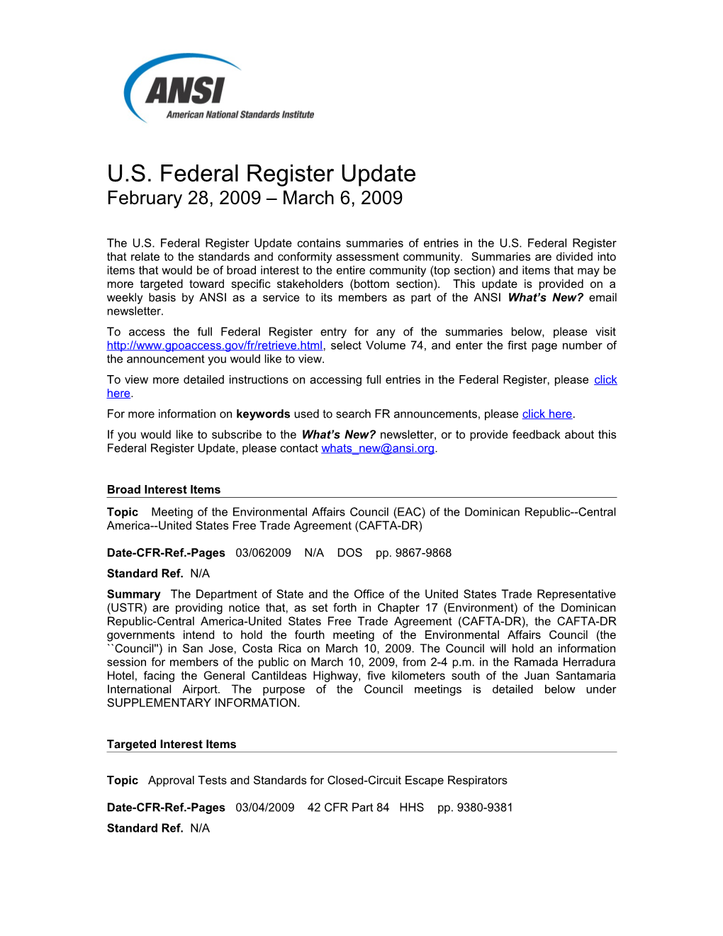 Standards and Trade Related Notices from the U.S. Federal Register, 3.06.09