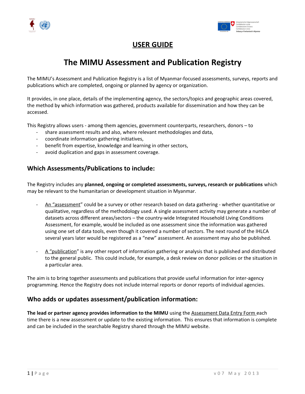 The MIMU Assessment and Publication Registry