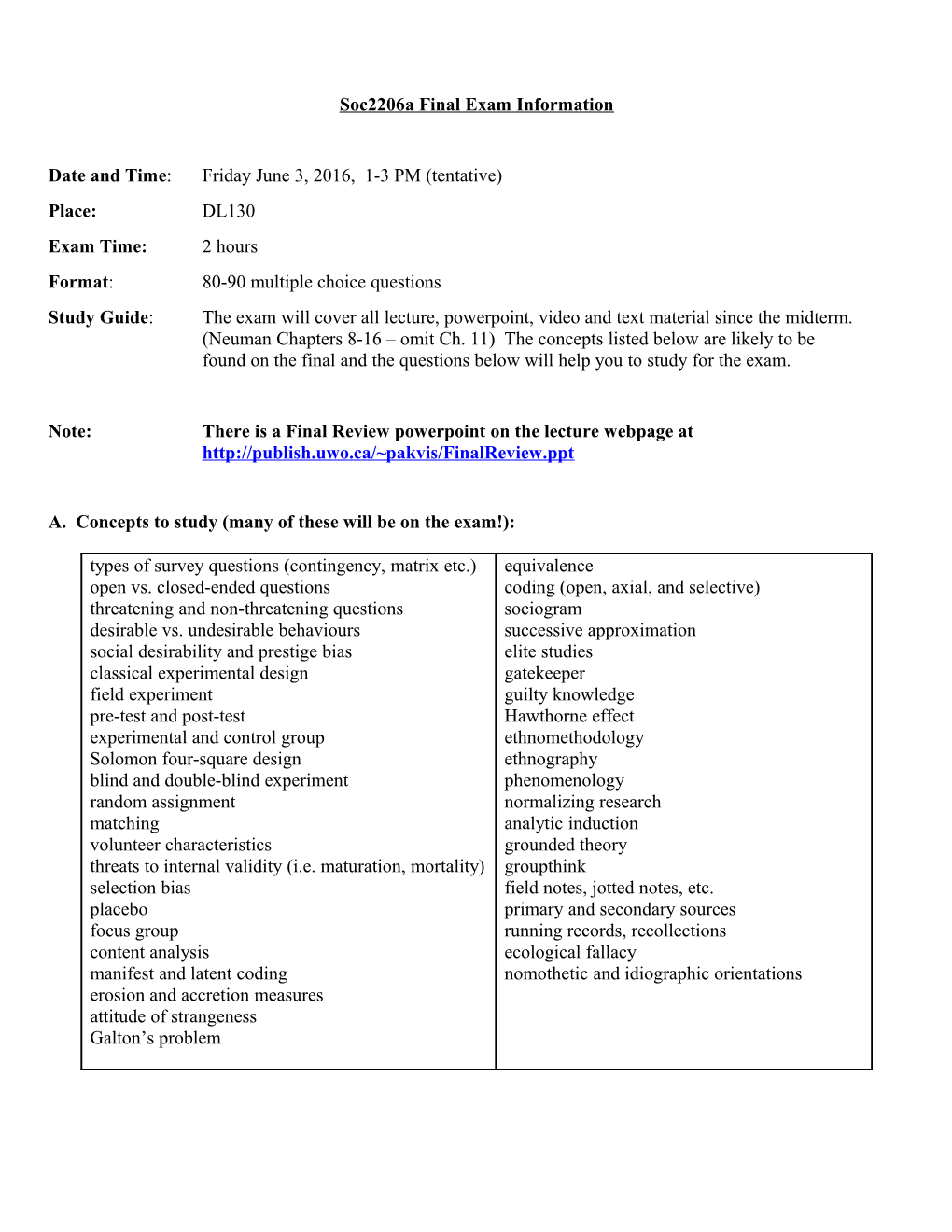 Soc206a Final Exam Information