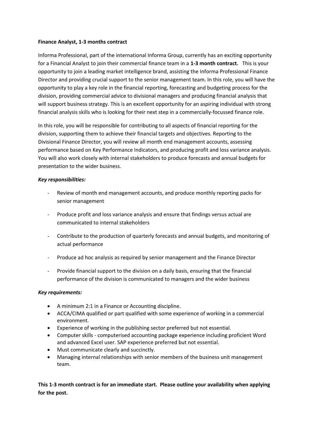 Finance Analyst, 1-3 Months Contract
