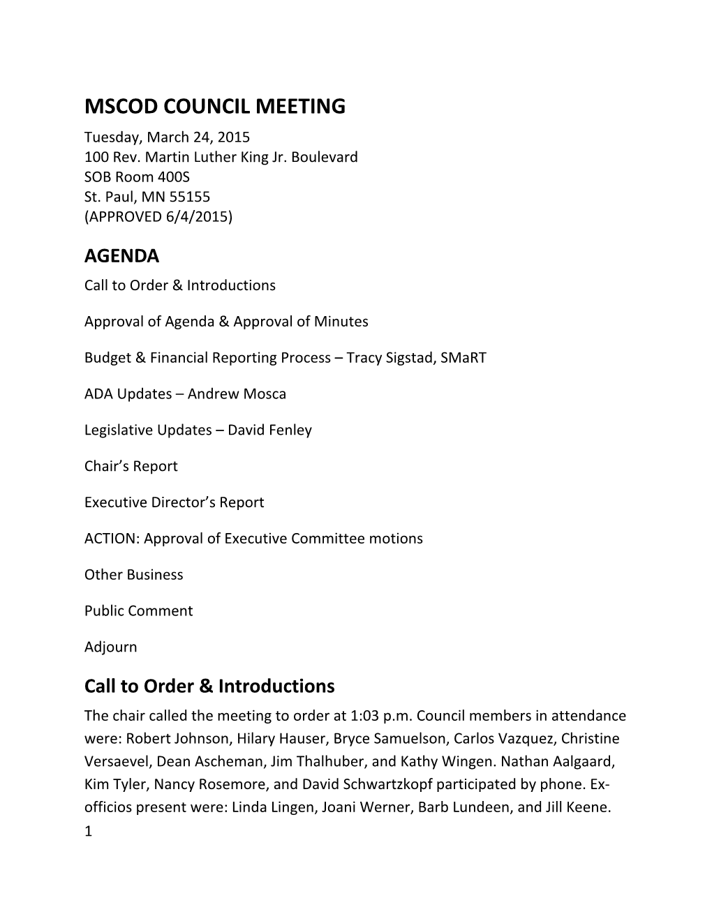 MSCOD Full Council Meeting Minutes, 3/24/2015