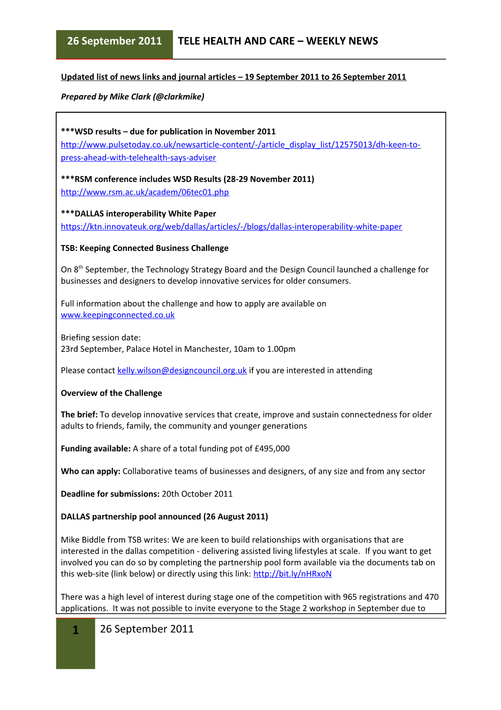 Updated List of News Links and Journal Articles 19September 2011 To26september 2011