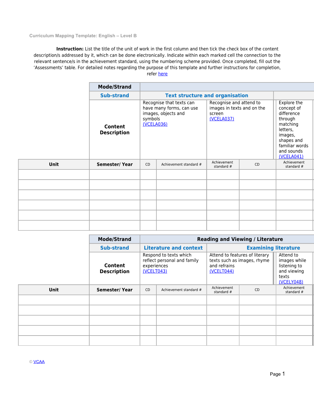 Curriculum Mapping Template: English Level B
