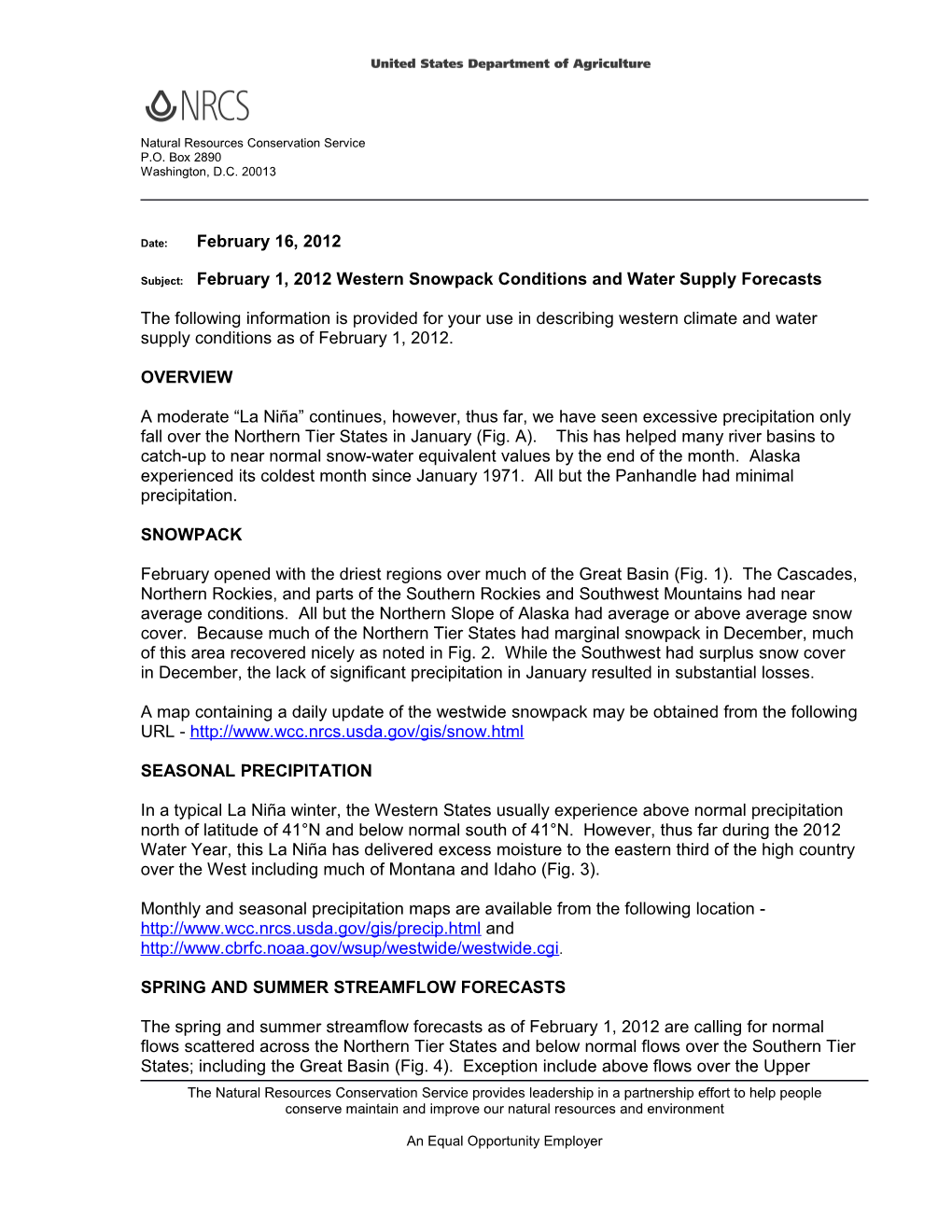 Subject:February 1, 2012Western Snowpack Conditions and Water Supply Forecasts