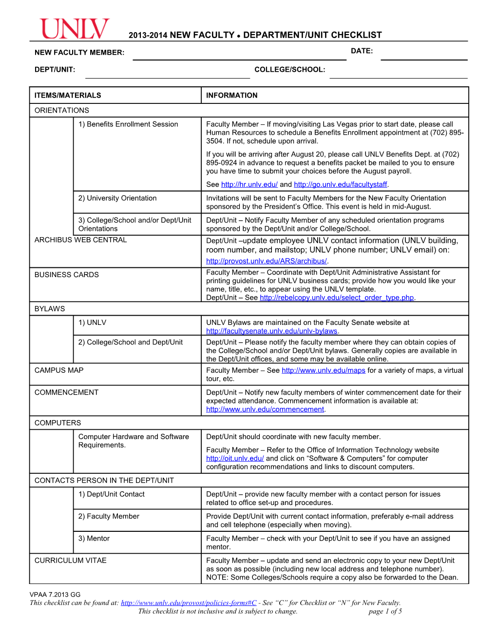 Departmental Checklist for New Faculty