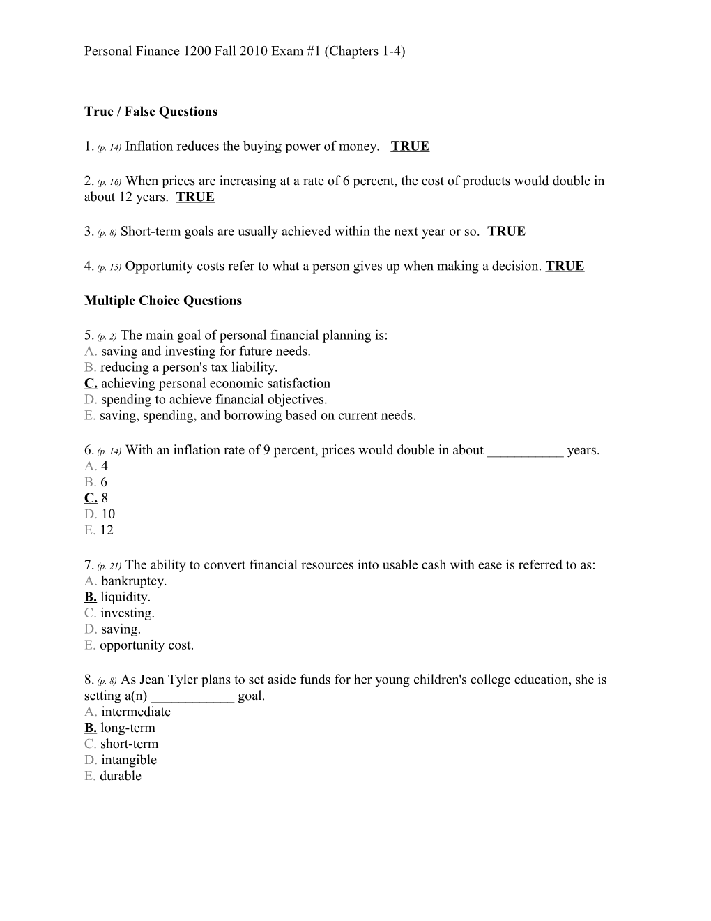 Personal Finance 1200 Fall 2010 Exam #1 (Chapters 1-4)