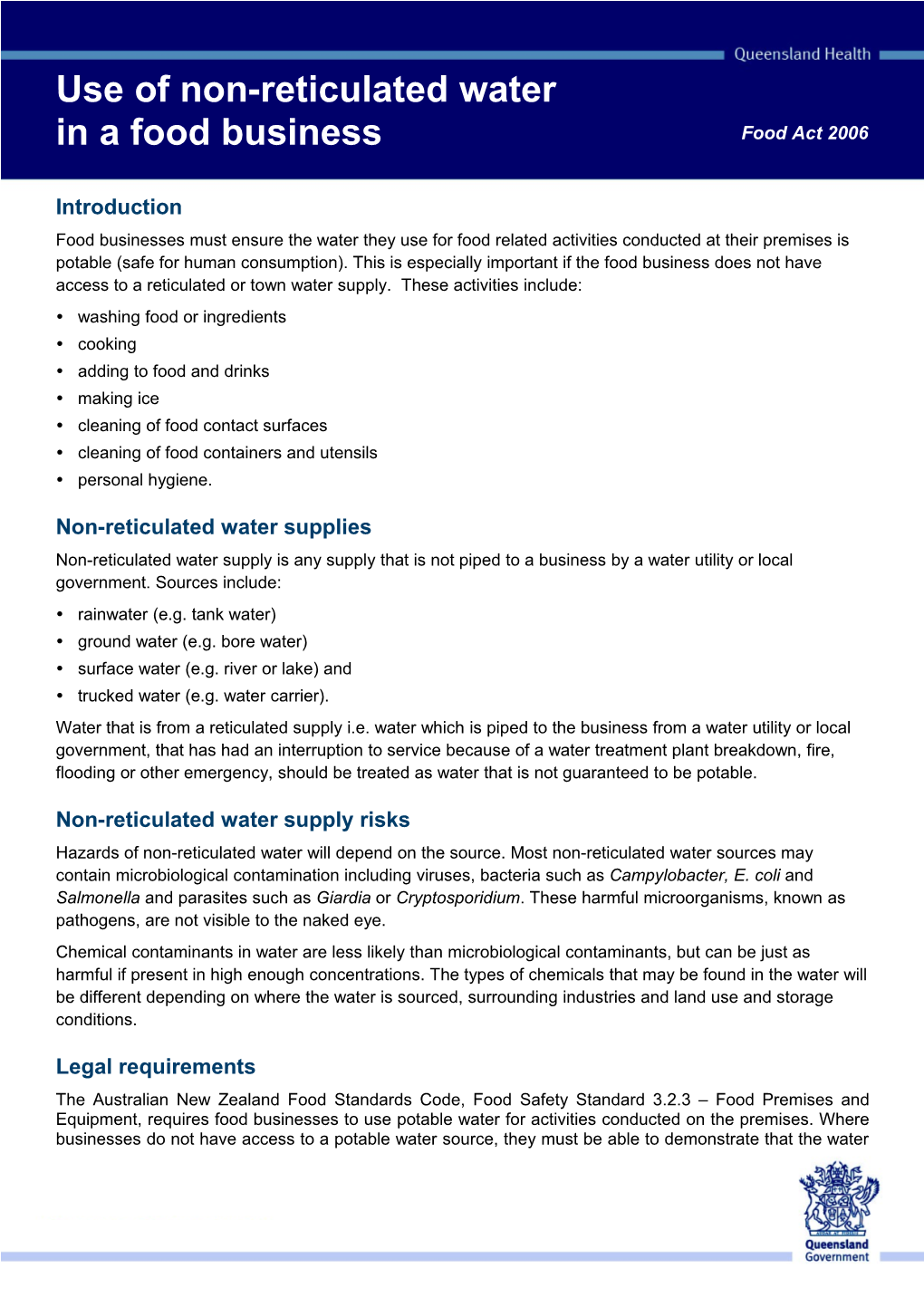 Using Non-Reticulated Water in a Food Business