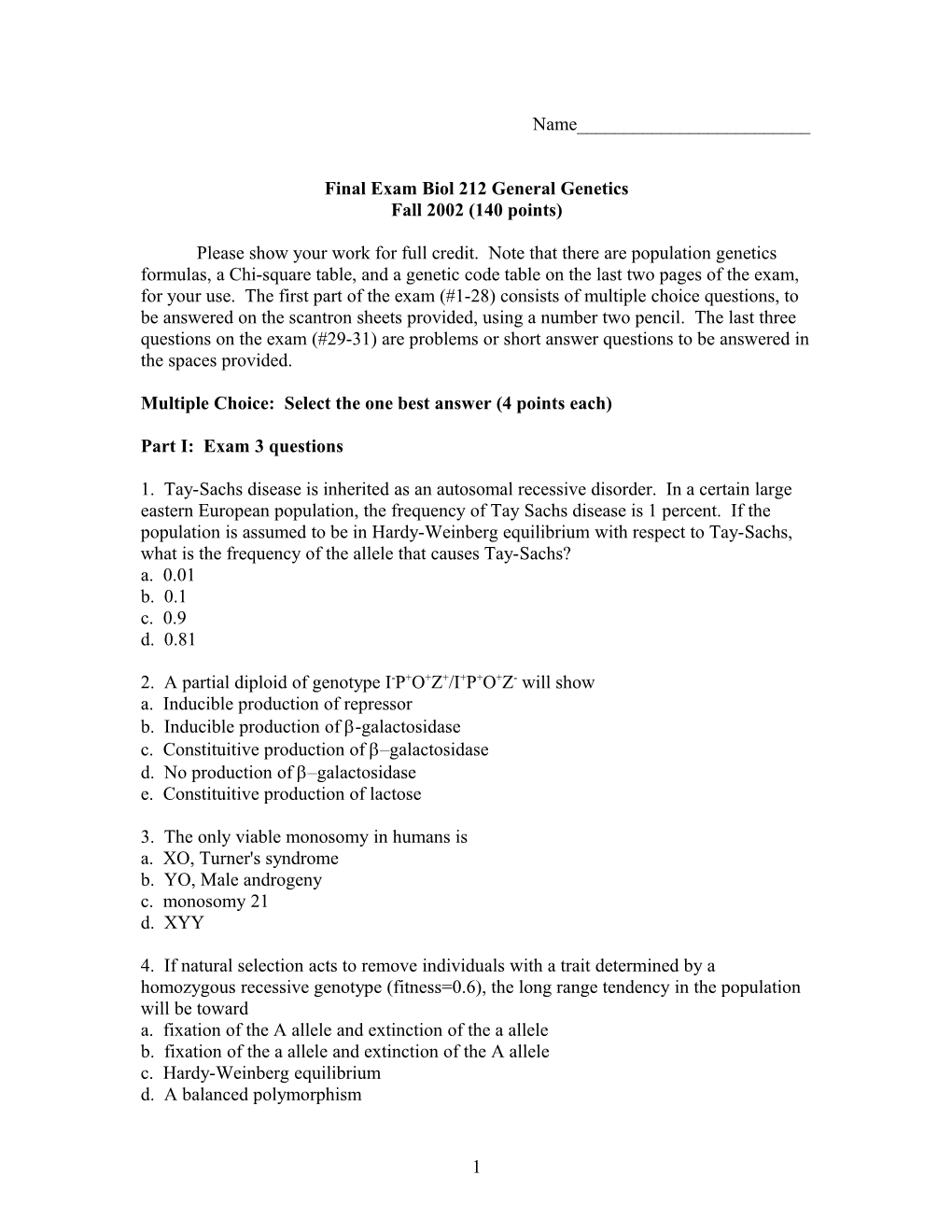 Final Exam Biol 212 General Genetics