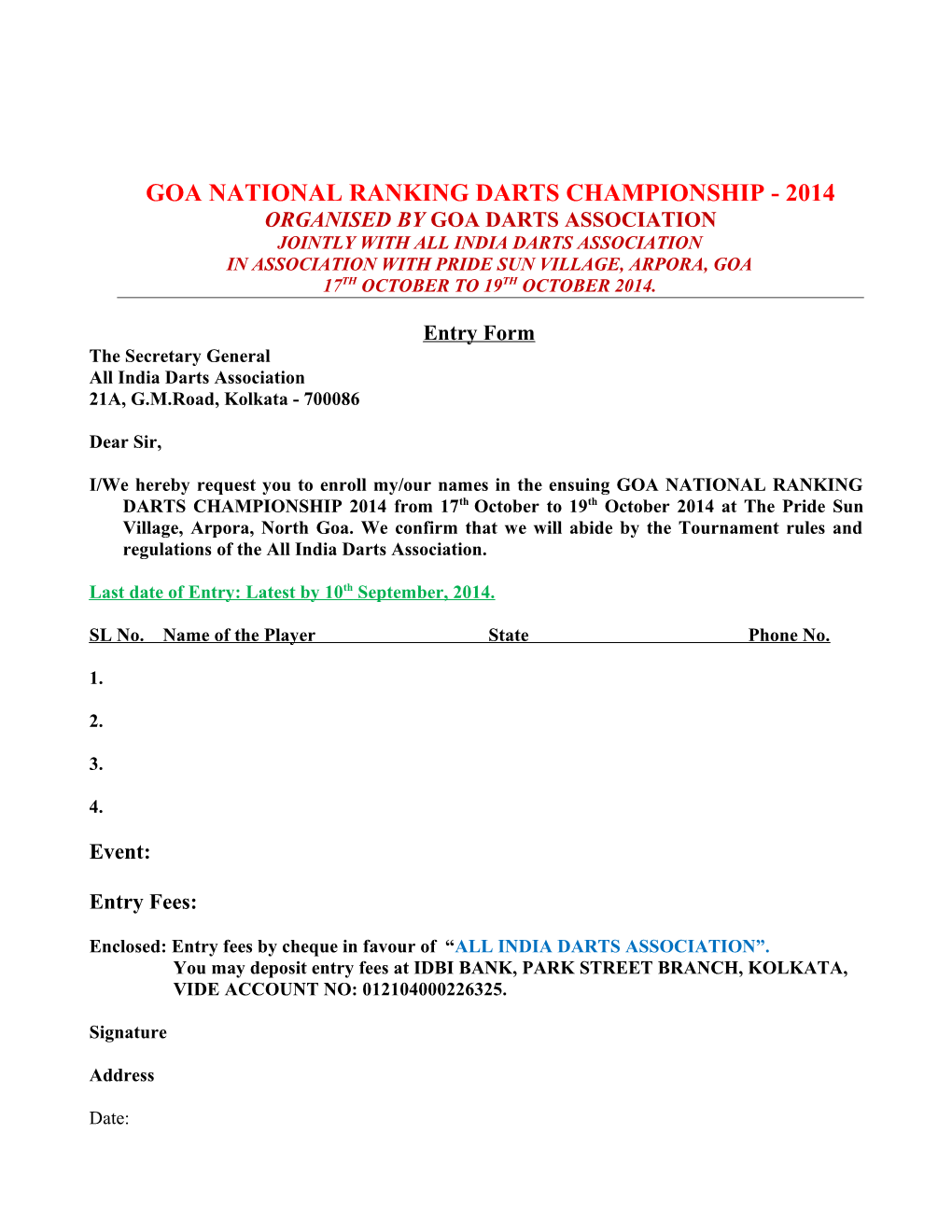 Goa National Ranking Darts Championship - 2014