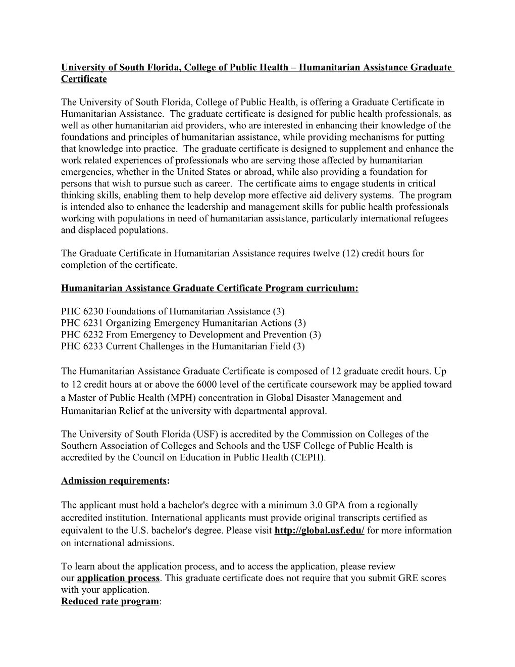 University of South Florida Graduate Certificate in Humanitarian Assistance