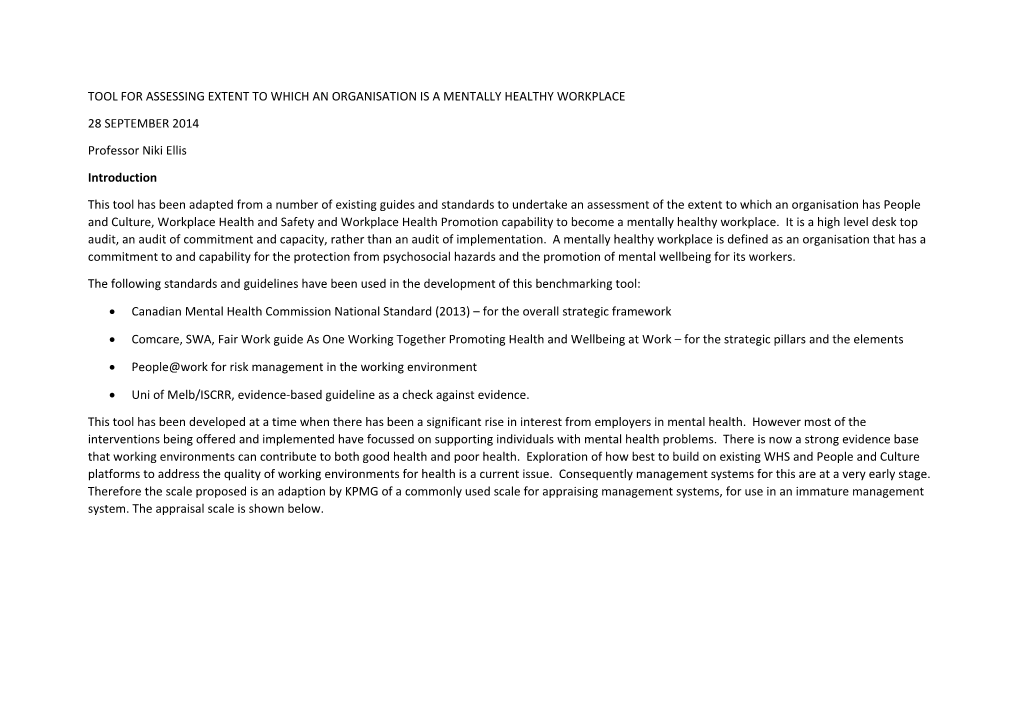 Tool for Assessing Extent to Which an Organisation Is a Mentally Healthy Workplace