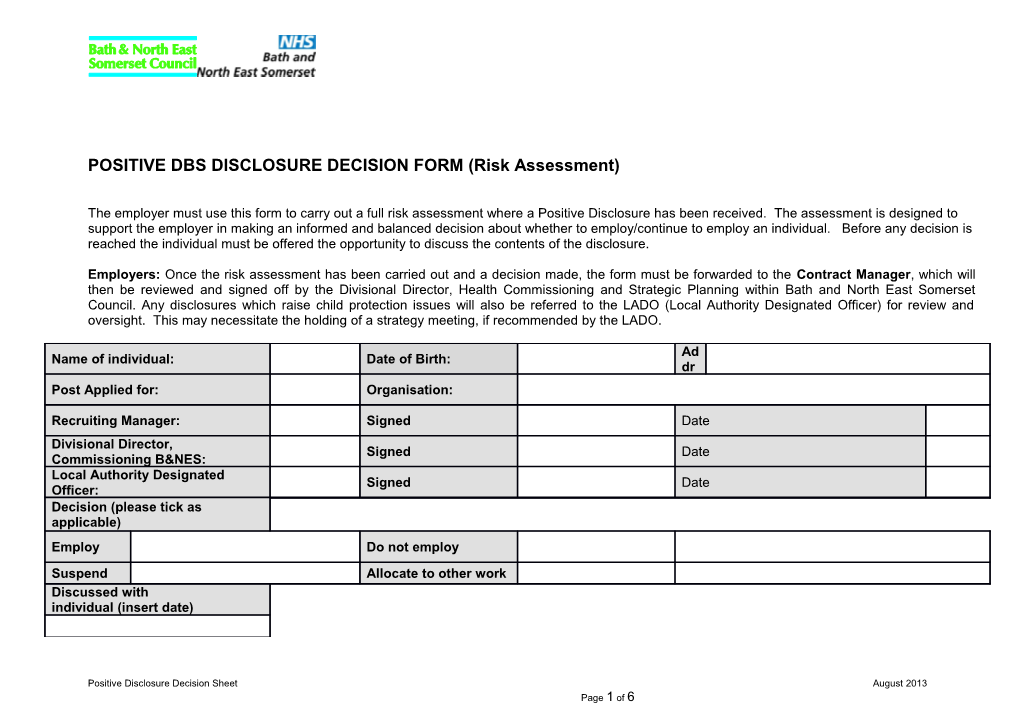 POSITIVE DBS DISCLOSURE DECISION FORM (Risk Assessment)