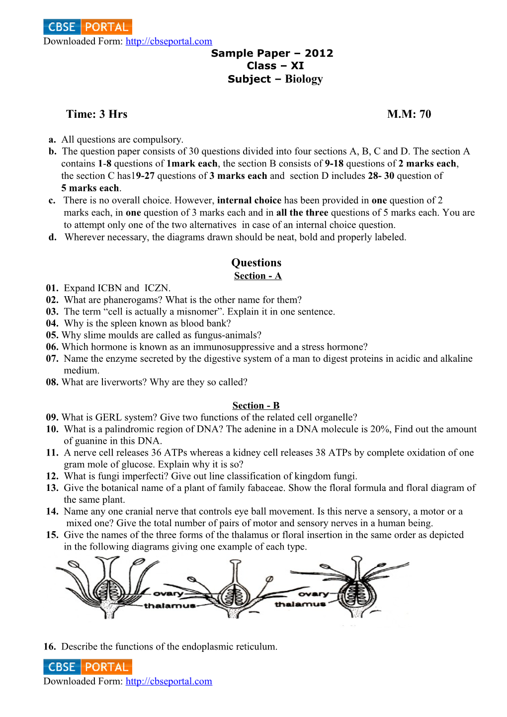 Sample Paper 2012 Class XI Subject Biology