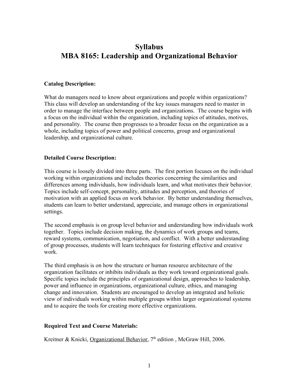 MBA 8165: Leadership and Organizational Behavior