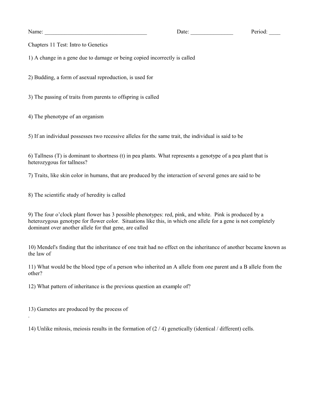 Chapters 10 and 11 Test: Mitosis and Intro to Genetics