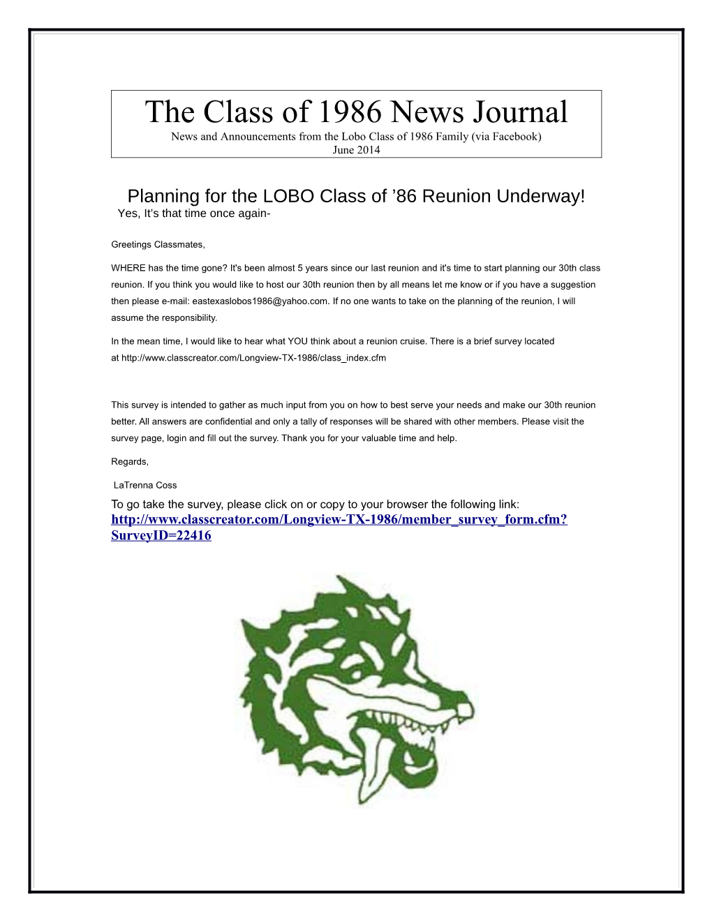 The Class of 1986 News Journal