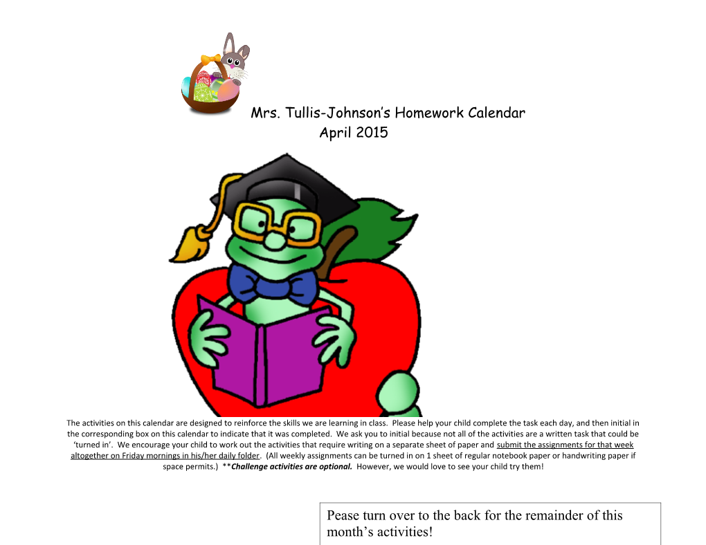 Mrs. Tullis-Johnson Shomework Calendar