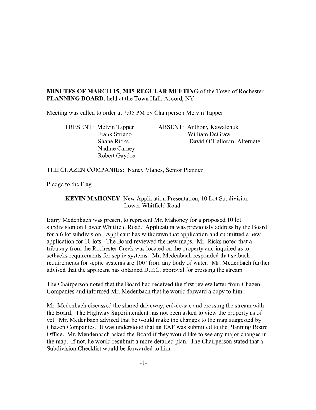 MINUTES of MARCH 15, 2005 REGULAR MEETING of the Town of Rochester PLANNING BOARD, Held