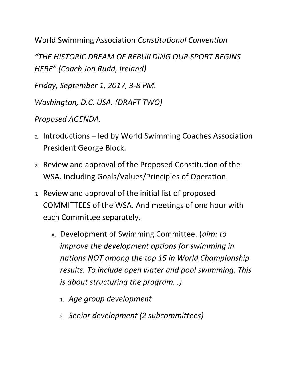 World Swimming Association Constitutional Convention