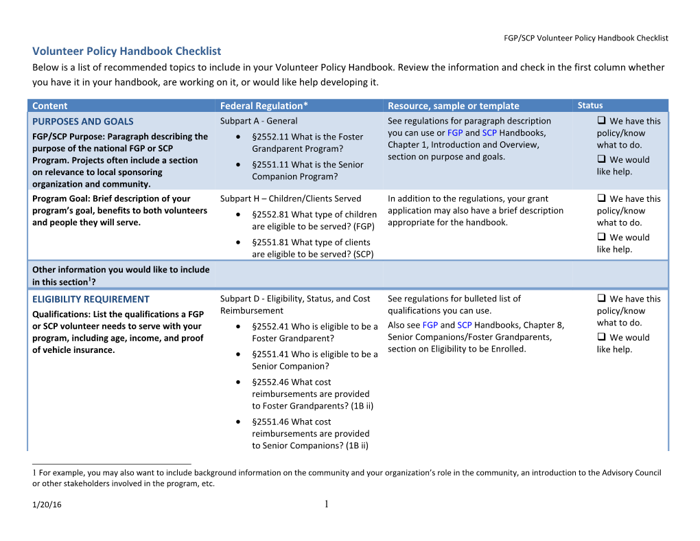 FGP/SCP Volunteer Policy Handbook Checklist