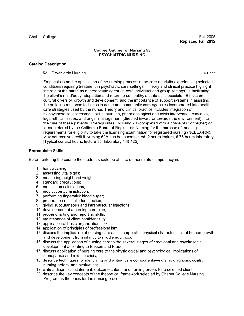 Course Outline for Nursing 53, Page 1