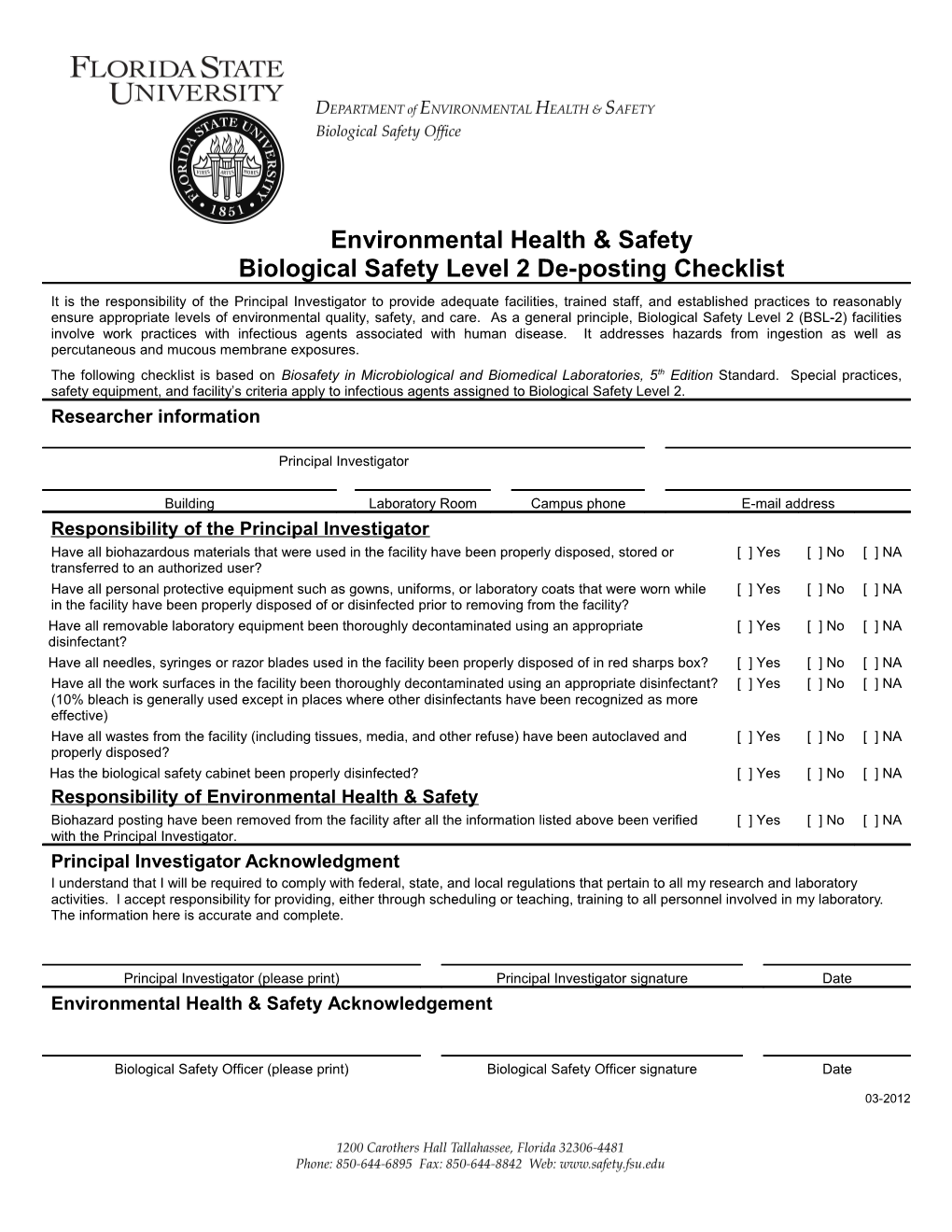 Biological Safety Level 2 De-Posting Checklist