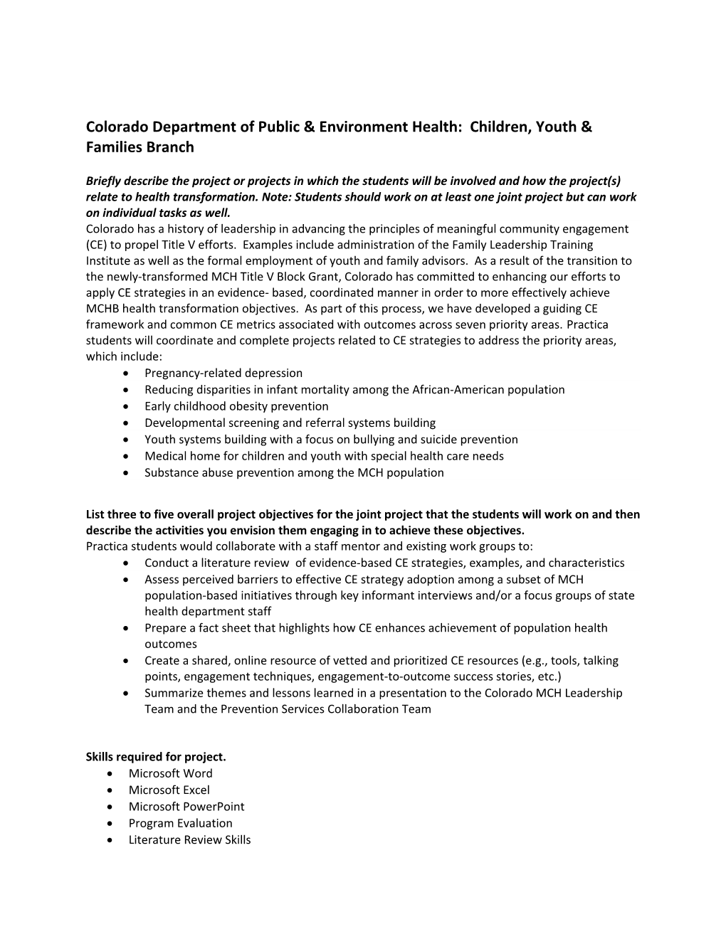 Colorado Department of Public & Environment Health: Children, Youth & Families Branch