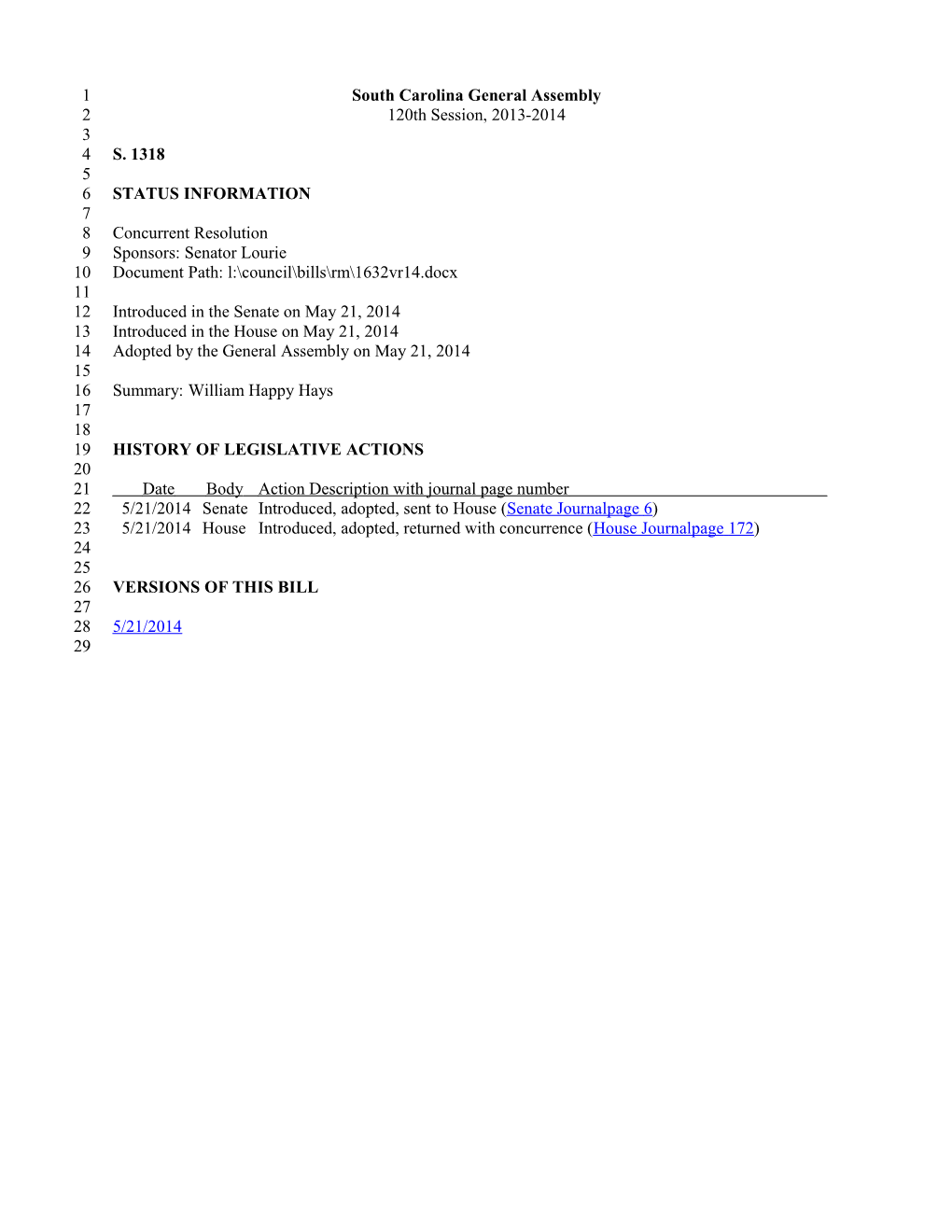 2013-2014 Bill 1318: William Happy Hays - South Carolina Legislature Online