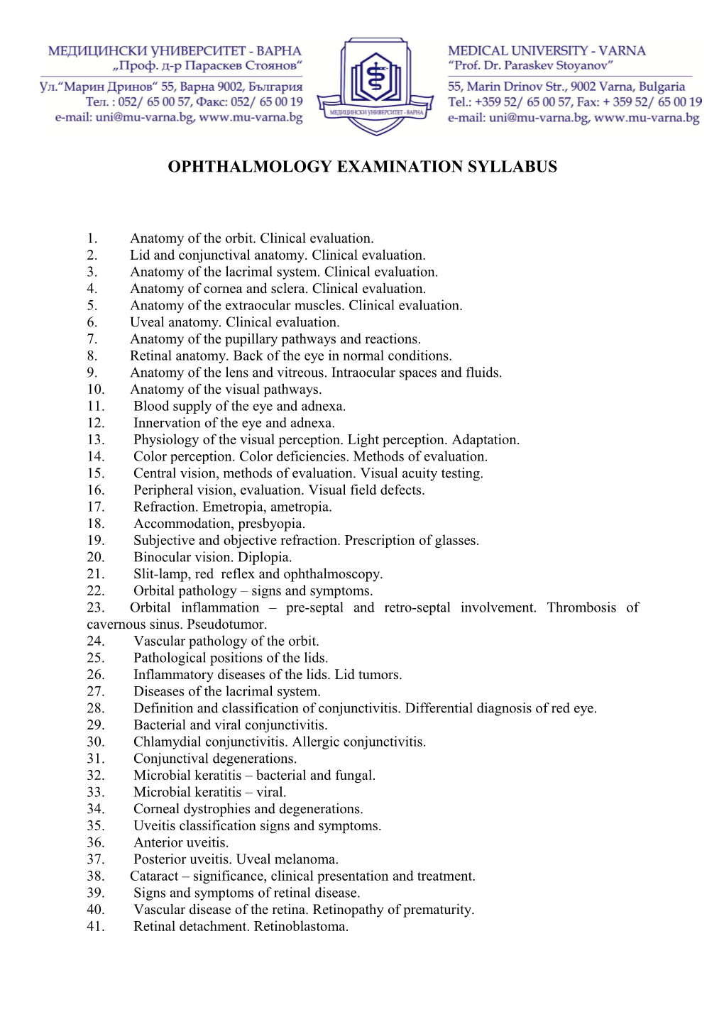 Ophthalmology Examination Syllabus