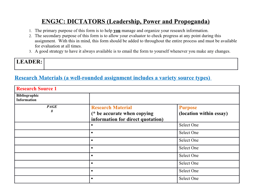 ENG3C: DICTATORS(Leadership, Power and Propoganda)