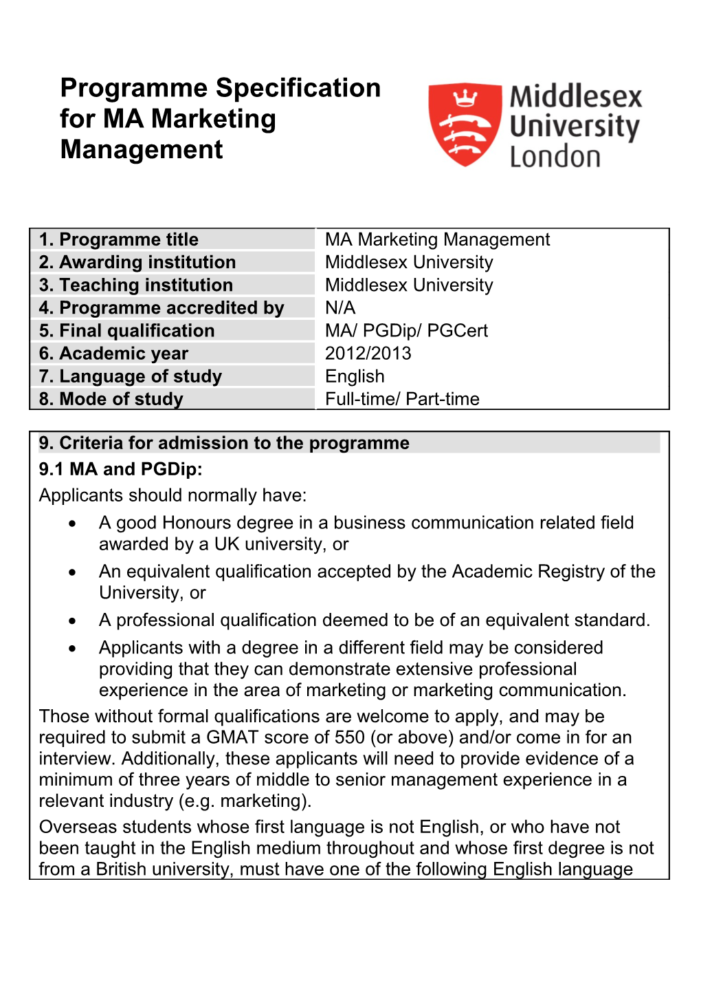 Programme Specification for MA Marketing Management