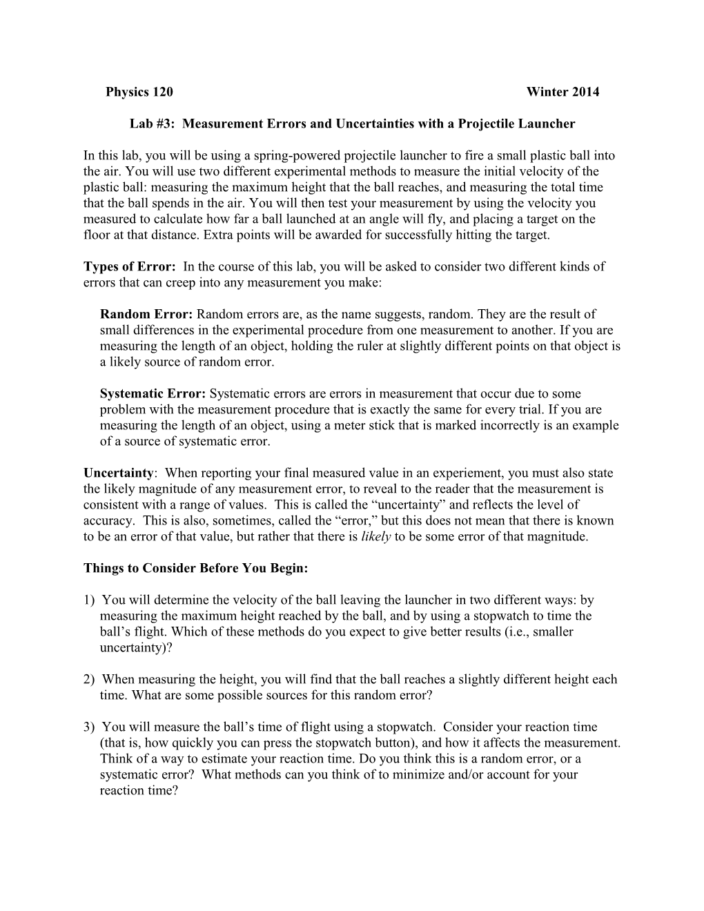 Lab #3: Measurement Errors and Uncertainties with a Projectile Launcher