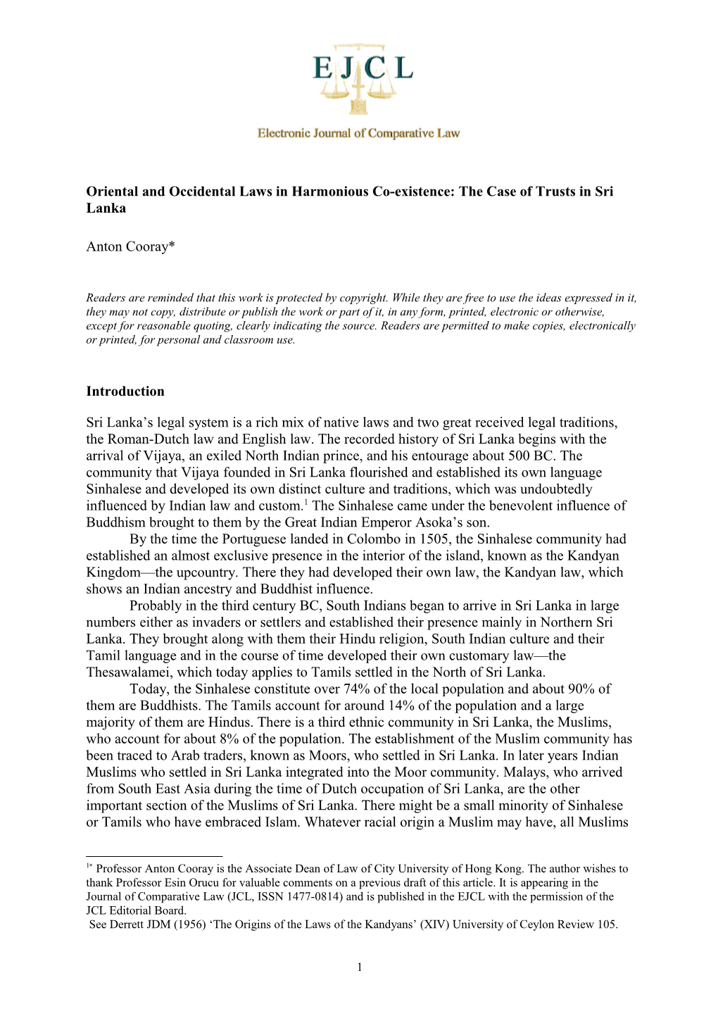 Oriental and Occidental Laws in Harmonious Co-Existence:The Case of Trusts in Sri Lanka