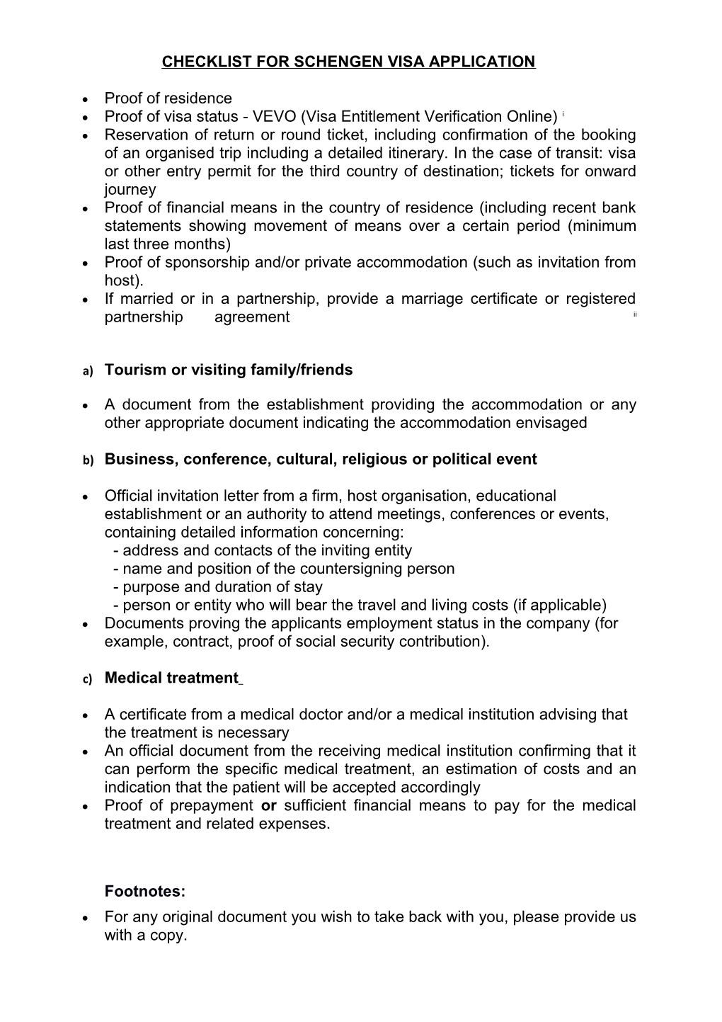 Checklist for Schengen Visa Application