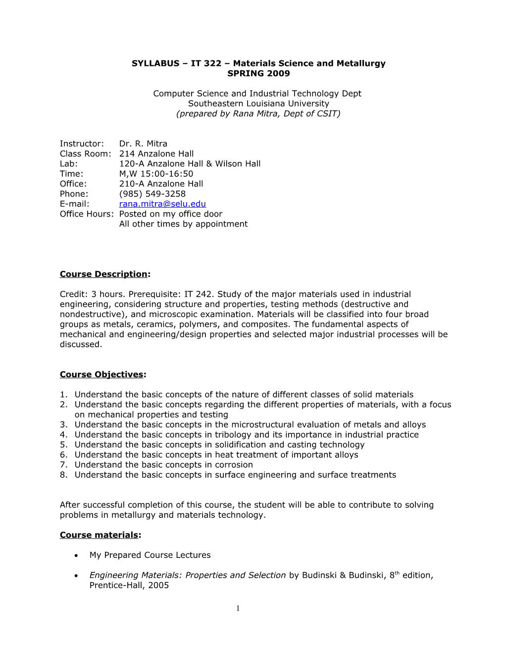 SYLLABUS IT 322 Materials Science and Metallurgy