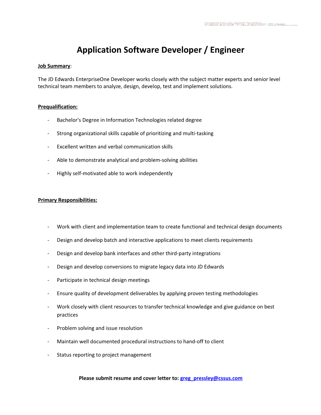 Application Software Developer / Engineer