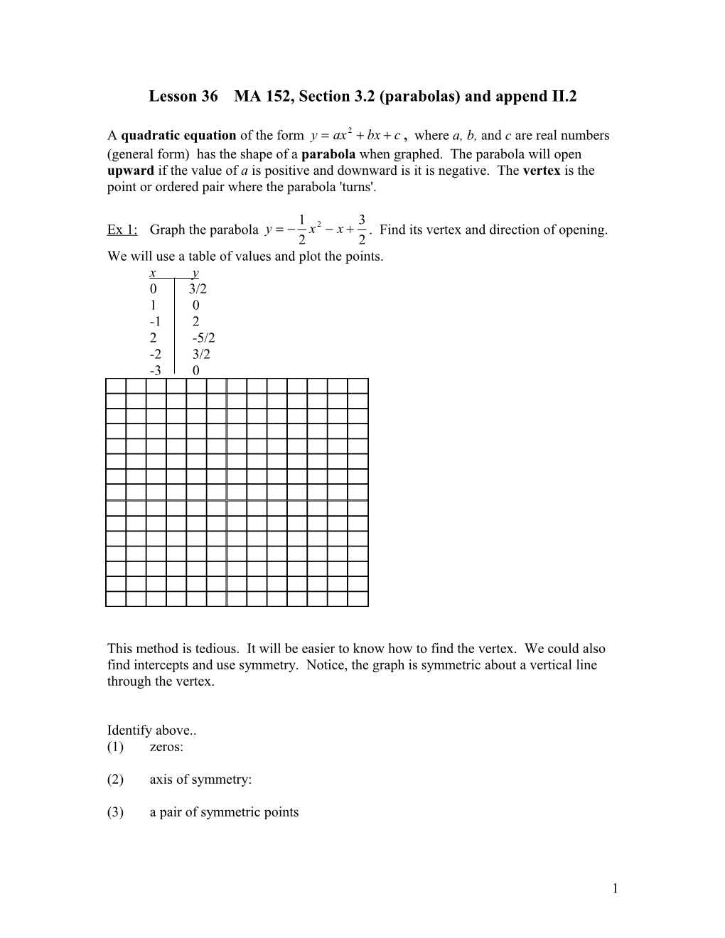 Lesson 36MA 152, Section 3.2 (Parabolas) and Append II.2